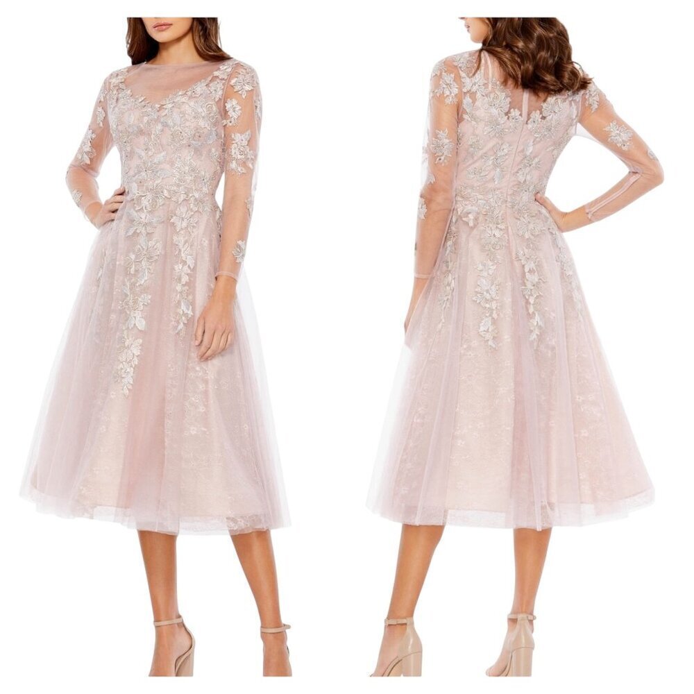 Mac Duggal Lilac Beaded Lace Tea Length Dress Illusion Sleeves 16